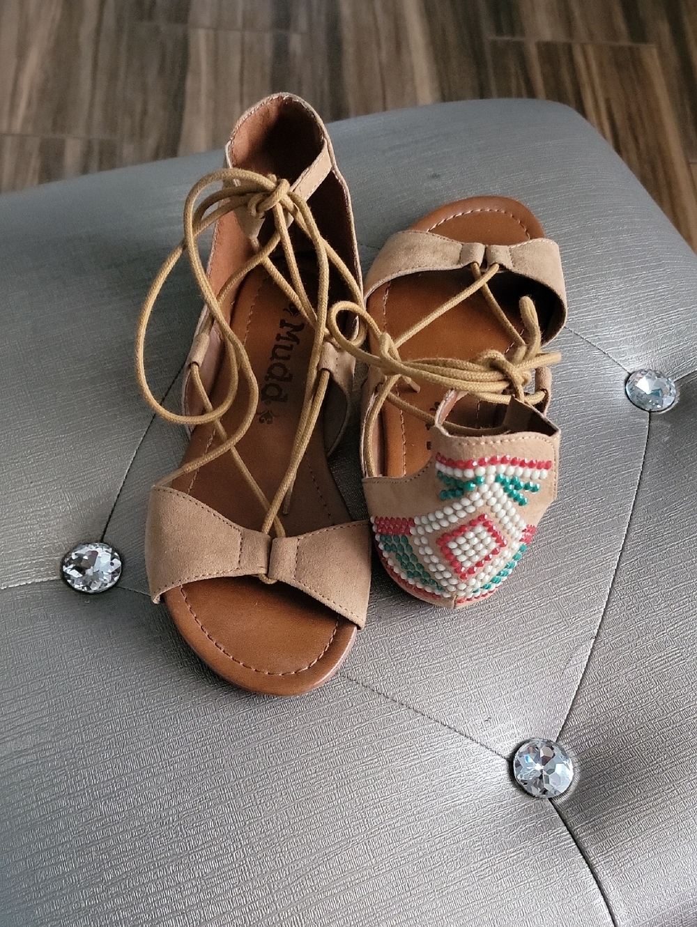 Mudd Tan Lace-Up Sandals with Multicolor Bead Accent